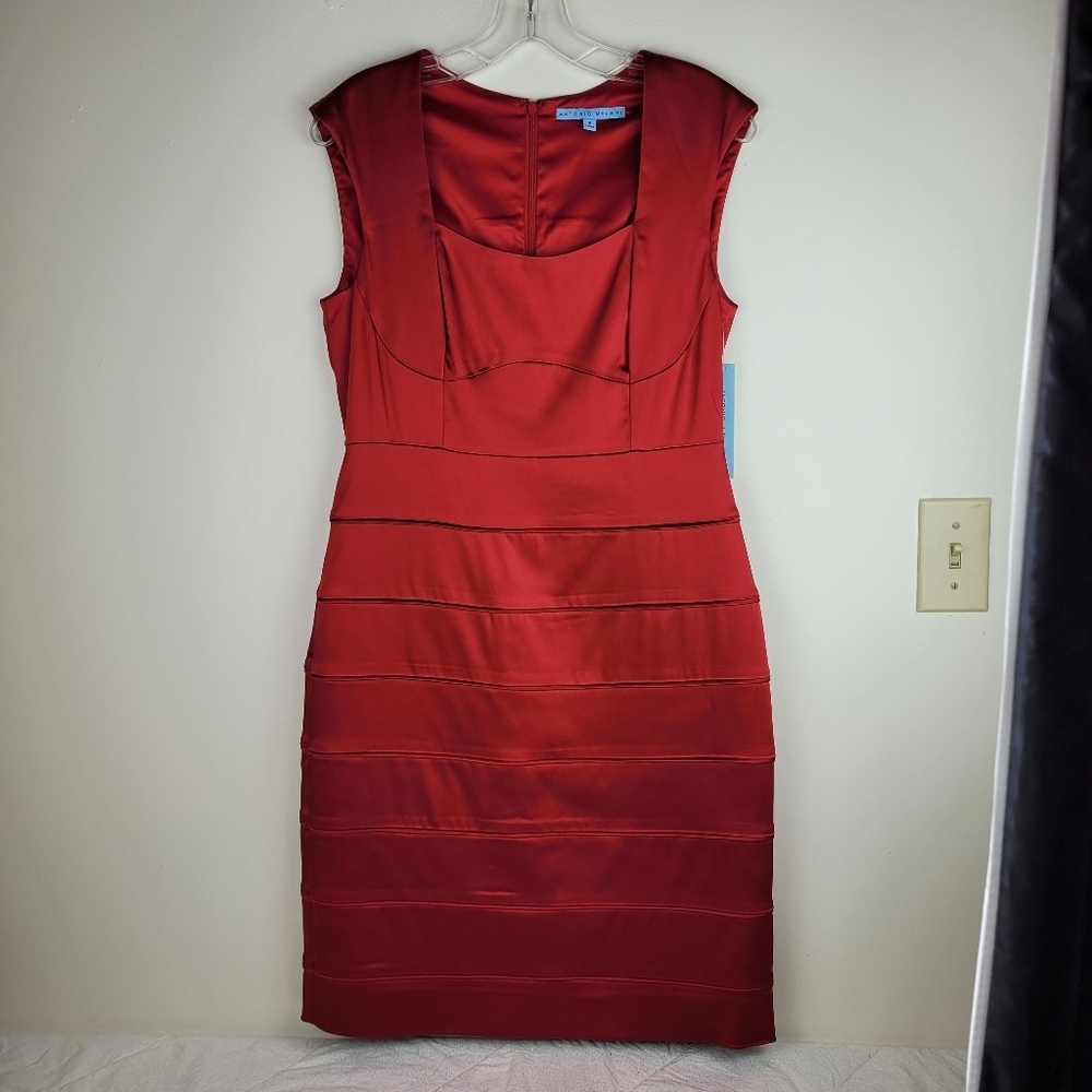 Antonio Melani red satin fitted dress cap sleeves square neckline fancy NWT 8 - Picture 2 of 11